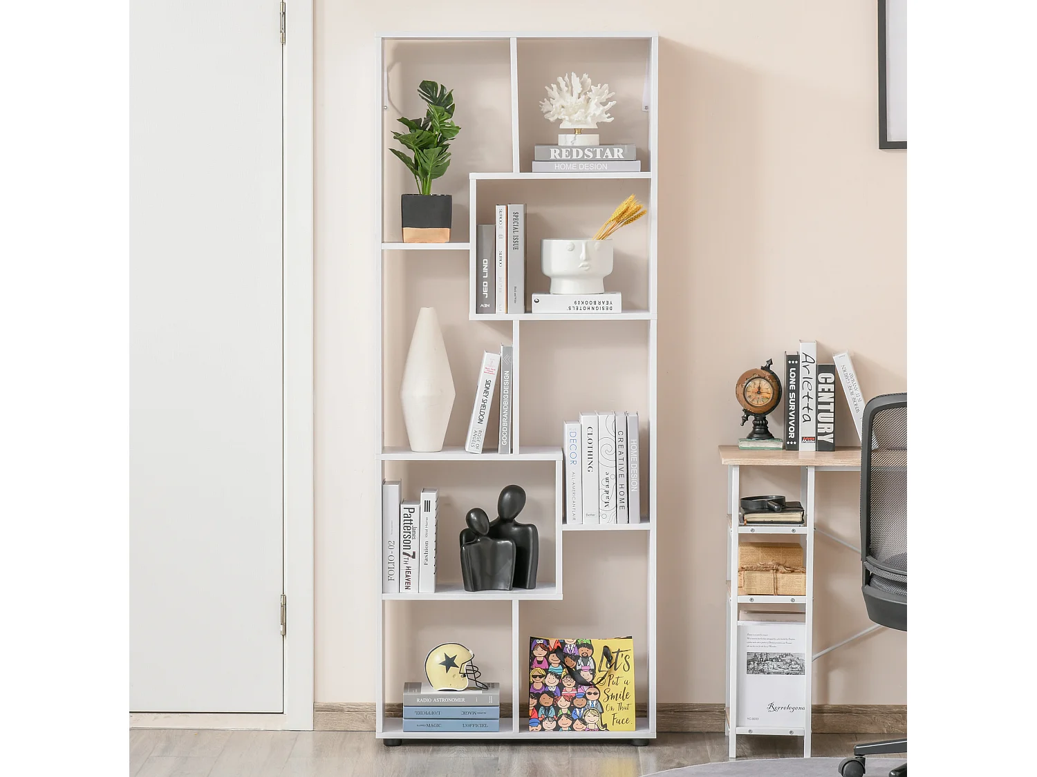 Bibliothèque étagère zig zag design contemporain 70L x 24l x 178H cm panneaux particules blanc