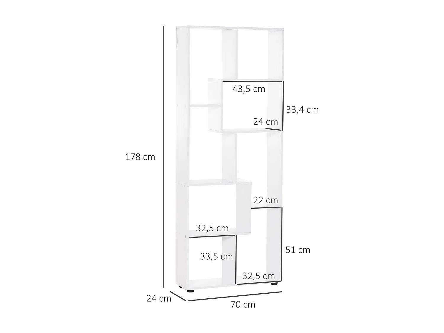 Bibliothèque étagère zig zag design contemporain 70L x 24l x 178H cm panneaux particules blanc