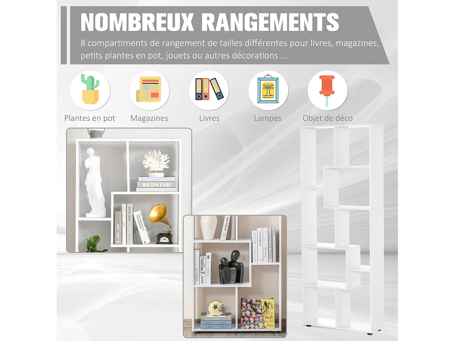 Bibliothèque étagère zig zag design contemporain 70L x 24l x 178H cm panneaux particules blanc