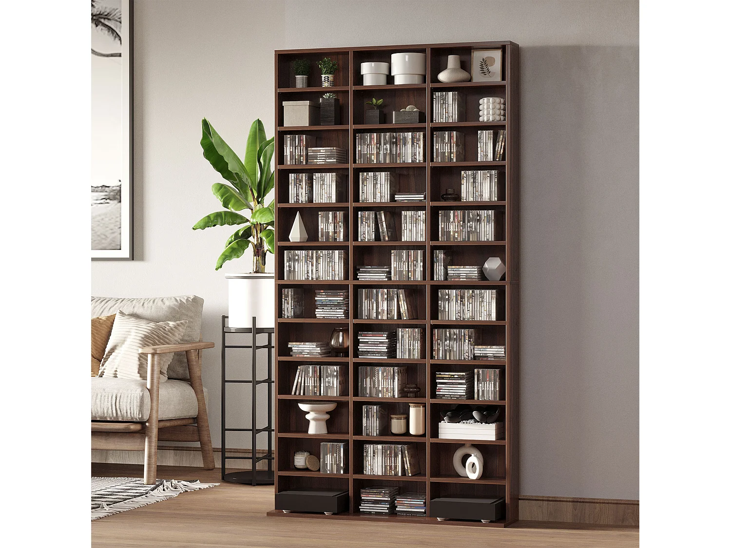 Étagère rangement CD/DVD meuble de rangement pour 1116 CDs 33 compartiments réglables en hauteur 102 x 24 x 195 cm marron