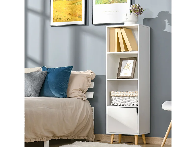 Meuble de rangement colonne design scandinave - 3 niches, placard porte - piètement effilé incliné bois pin panneaux particules blanc