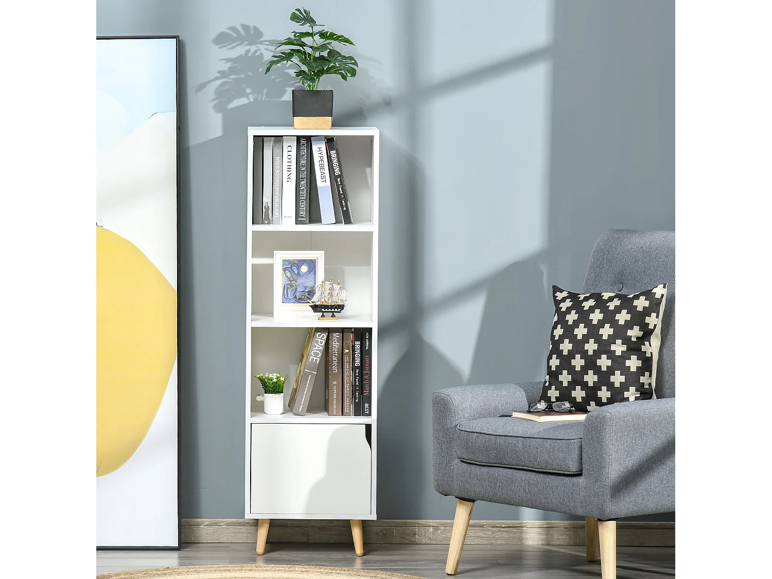 Meuble de rangement colonne design scandinave - 3 niches, placard porte - piètement effilé incliné bois pin panneaux particules blanc