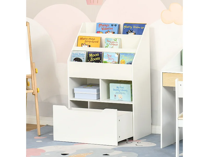 Bibliothèque étagère multi-rangement 3 étagères 2 niches grand tiroir MDF blanc