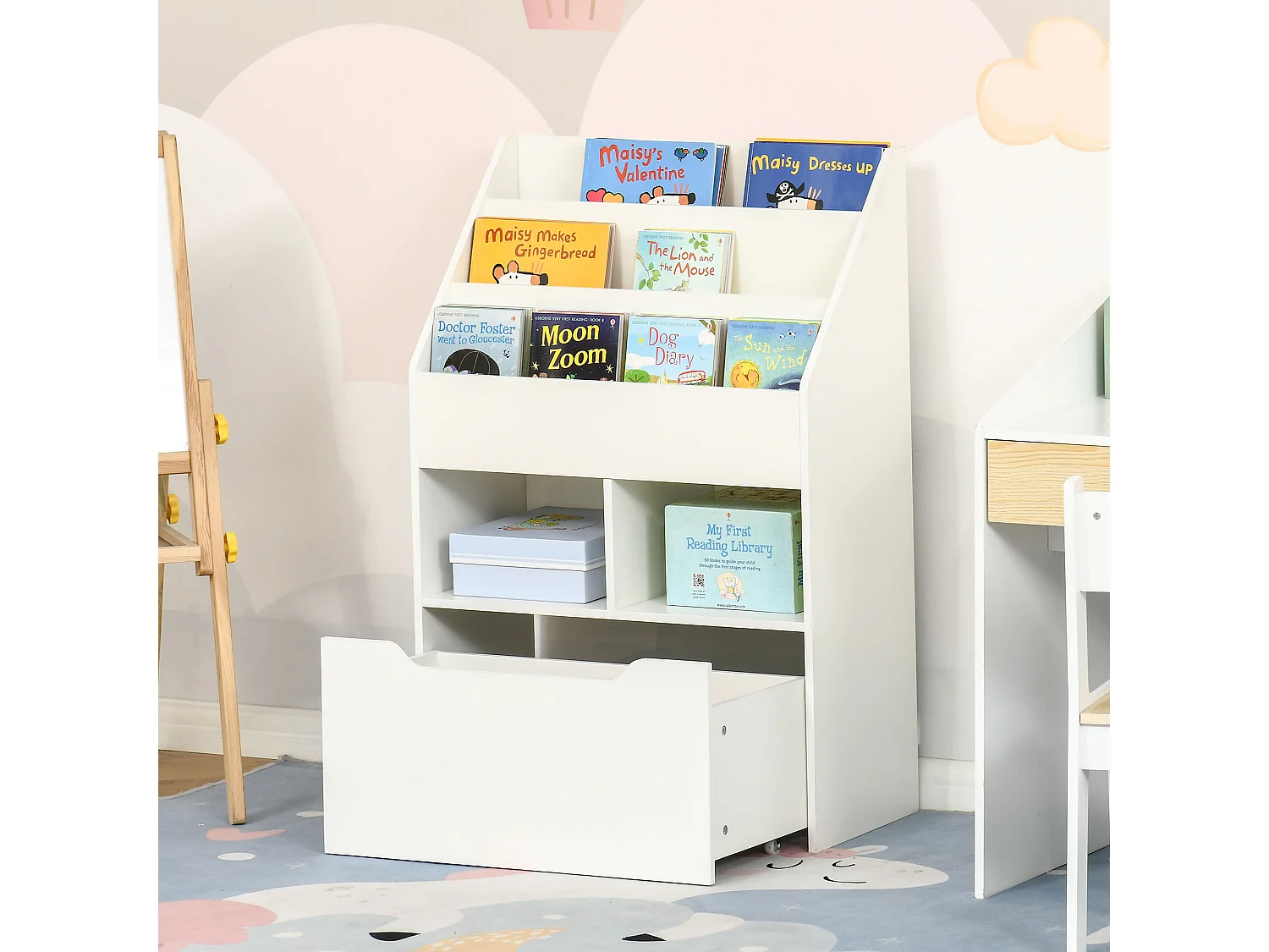 Bibliothèque étagère multi-rangement 3 étagères 2 niches grand tiroir MDF blanc