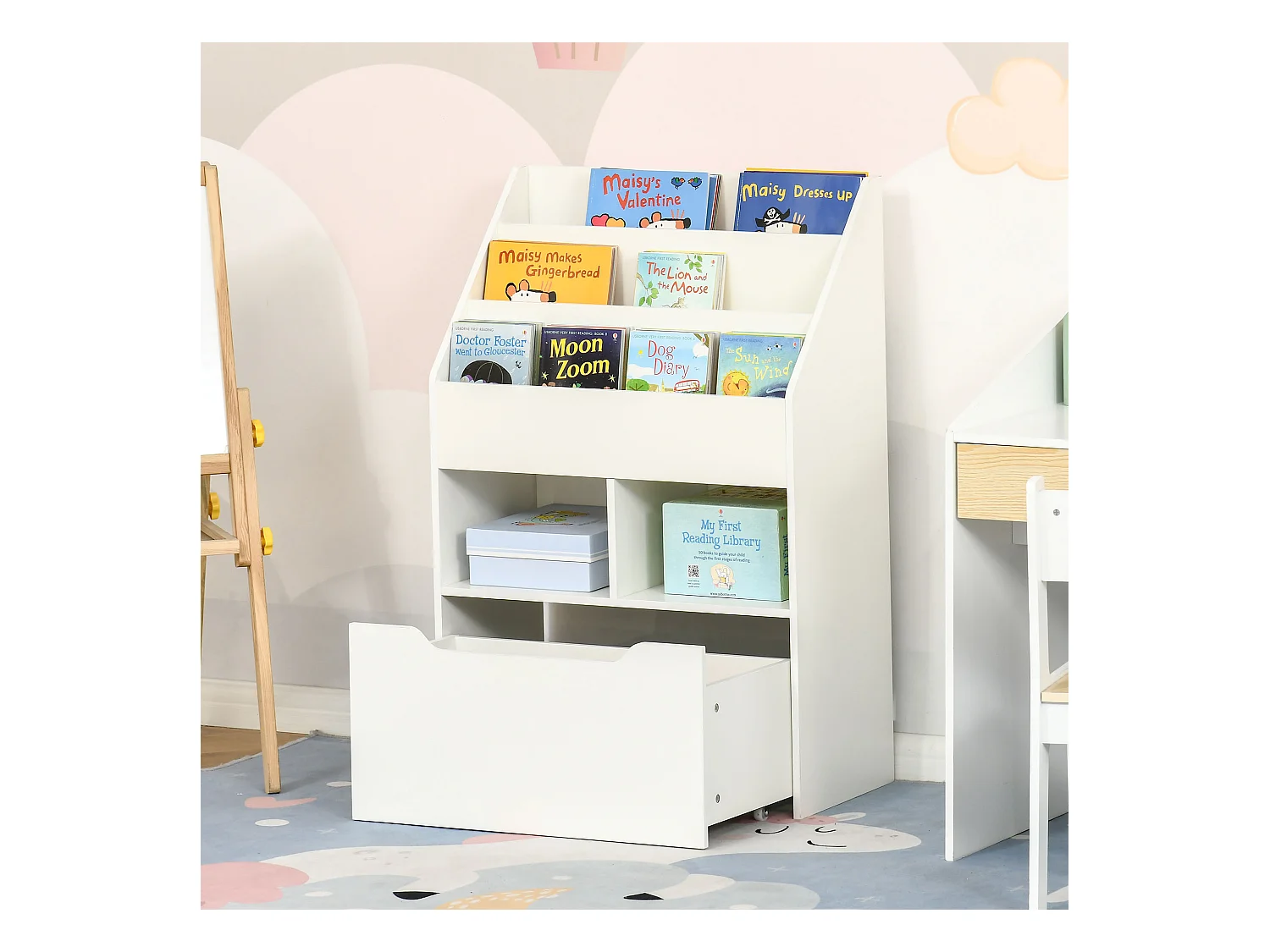 Bibliothèque étagère multi-rangement 3 étagères 2 niches grand tiroir MDF blanc