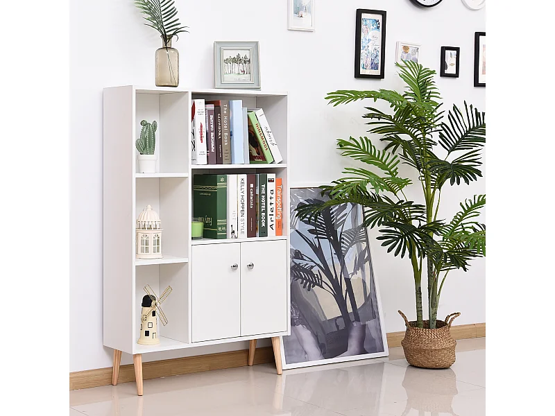 Bibliothèque scandinave dim. 80L x 23,5l x 123H cm 5 niches placard 2 portes pieds effilés inclinés bois massif panneaux particules blanc