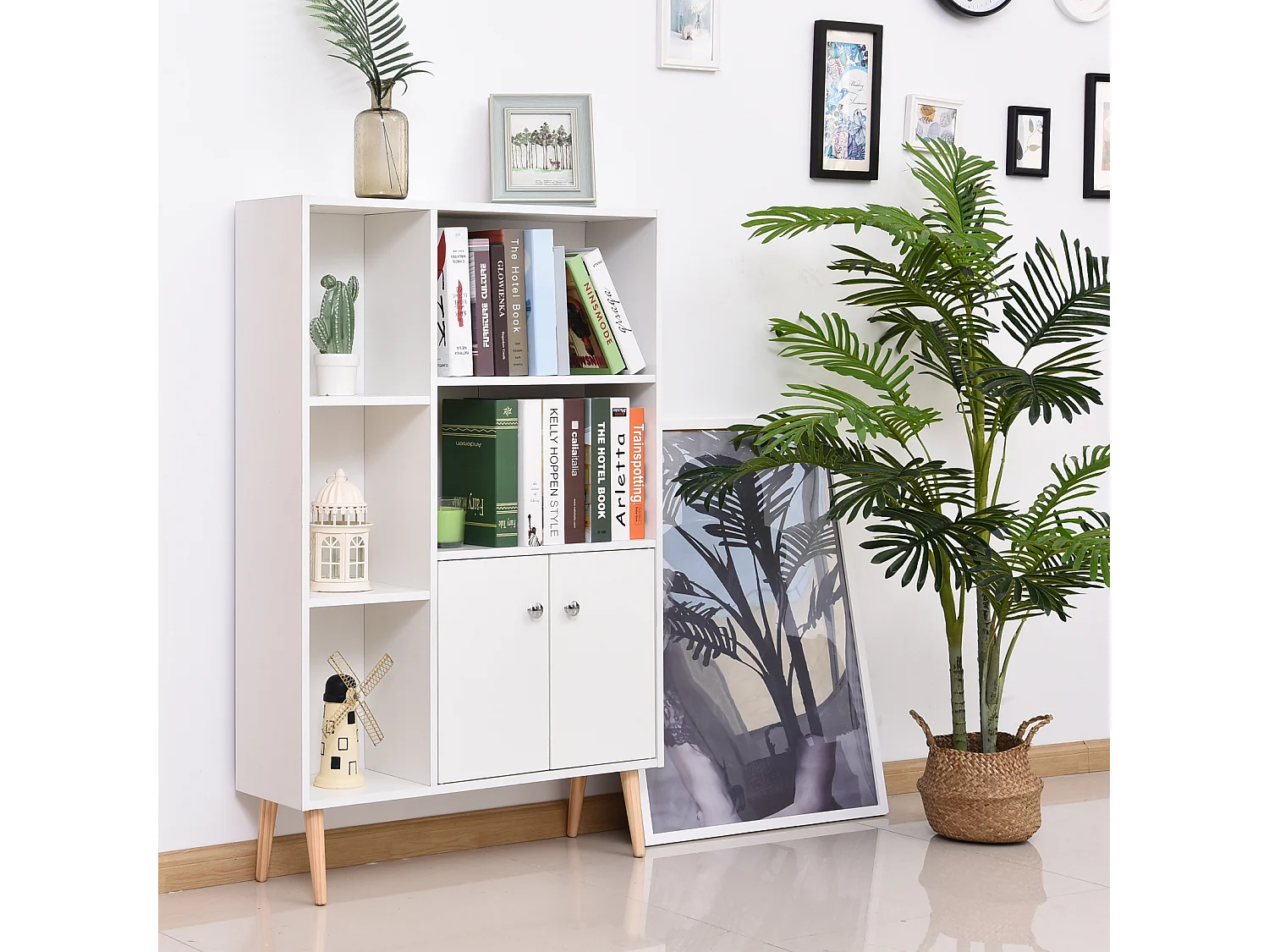 Bibliothèque scandinave dim. 80L x 23,5l x 123H cm 5 niches placard 2 portes pieds effilés inclinés bois massif panneaux particules blanc