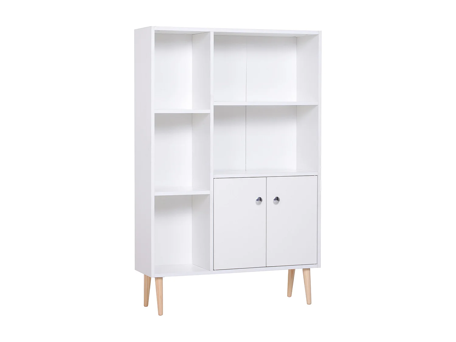Bibliothèque scandinave dim. 80L x 23,5l x 123H cm 5 niches placard 2 portes pieds effilés inclinés bois massif panneaux particules blanc