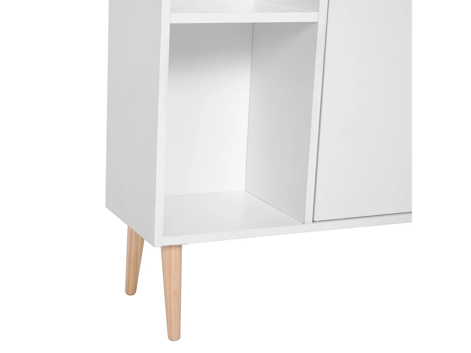 Bibliothèque scandinave dim. 80L x 23,5l x 123H cm 5 niches placard 2 portes pieds effilés inclinés bois massif panneaux particules blanc