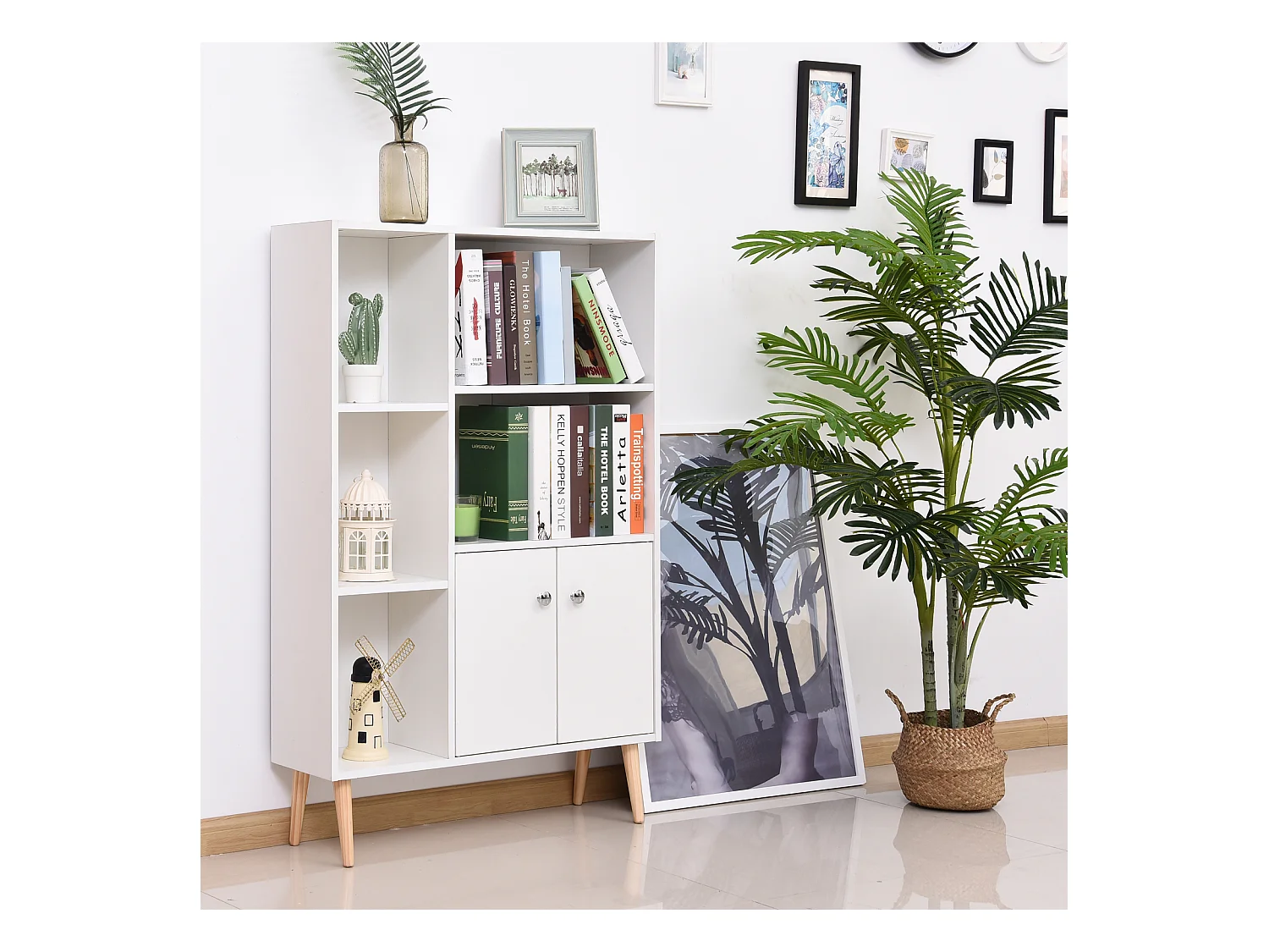 Bibliothèque scandinave dim. 80L x 23,5l x 123H cm 5 niches placard 2 portes pieds effilés inclinés bois massif panneaux particules blanc