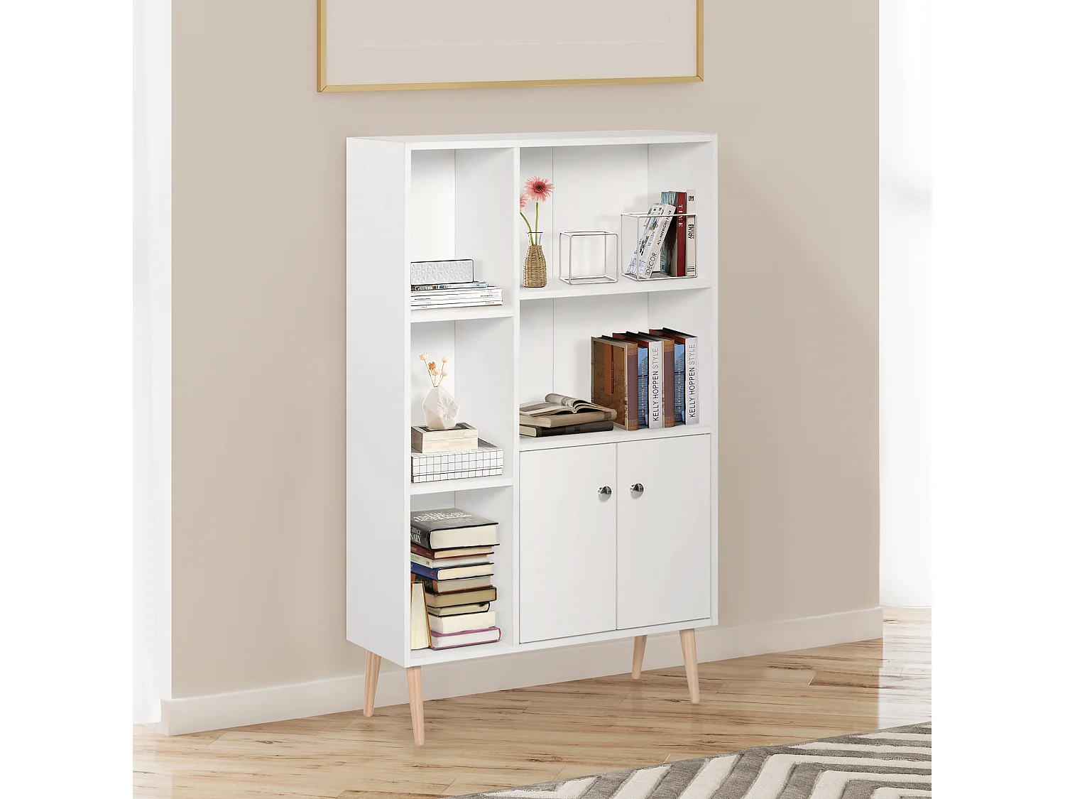 Bibliothèque scandinave dim. 80L x 23,5l x 123H cm 5 niches placard 2 portes pieds effilés inclinés bois massif panneaux particules blanc