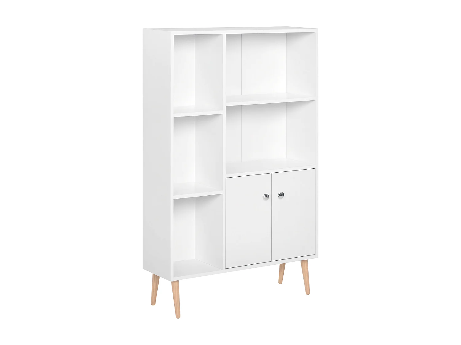 Bibliothèque scandinave dim. 80L x 23,5l x 123H cm 5 niches placard 2 portes pieds effilés inclinés bois massif panneaux particules blanc