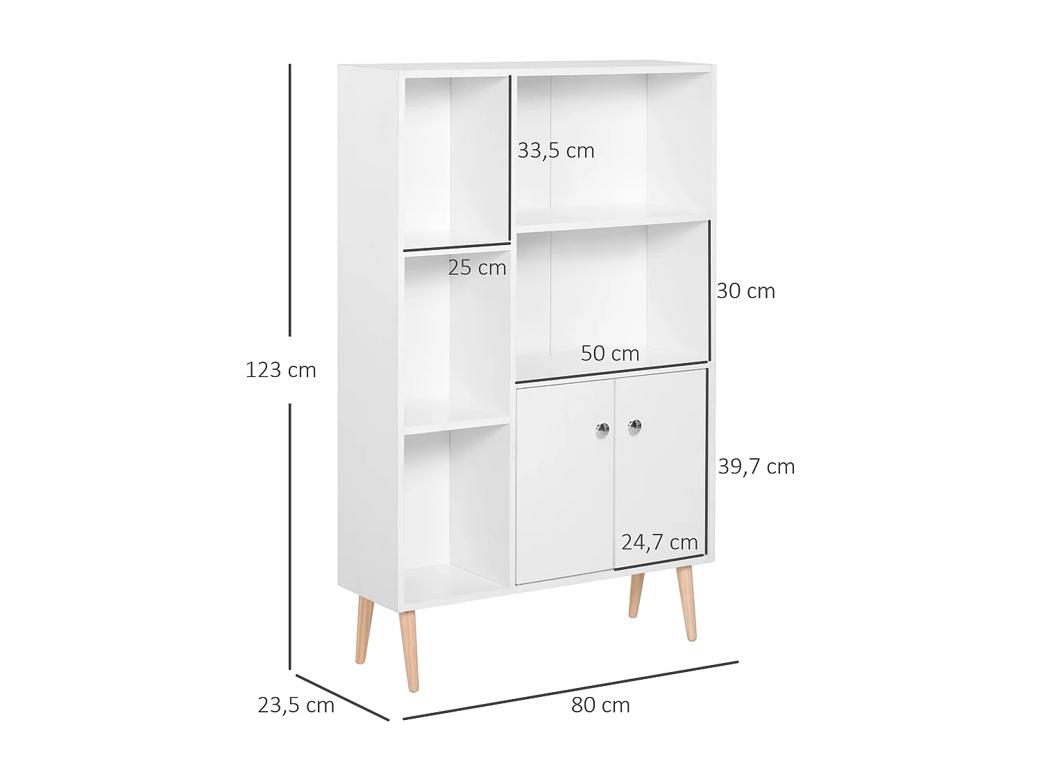 Bibliothèque scandinave dim. 80L x 23,5l x 123H cm 5 niches placard 2 portes pieds effilés inclinés bois massif panneaux particules blanc