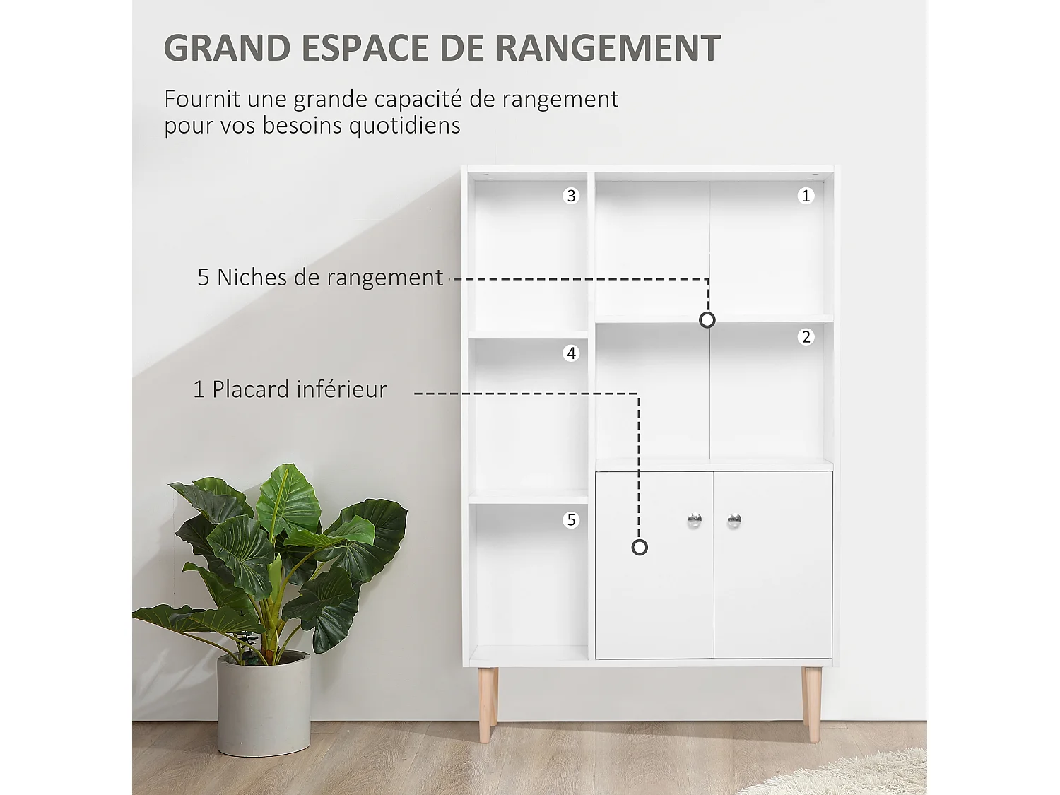 Bibliothèque scandinave dim. 80L x 23,5l x 123H cm 5 niches placard 2 portes pieds effilés inclinés bois massif panneaux particules blanc