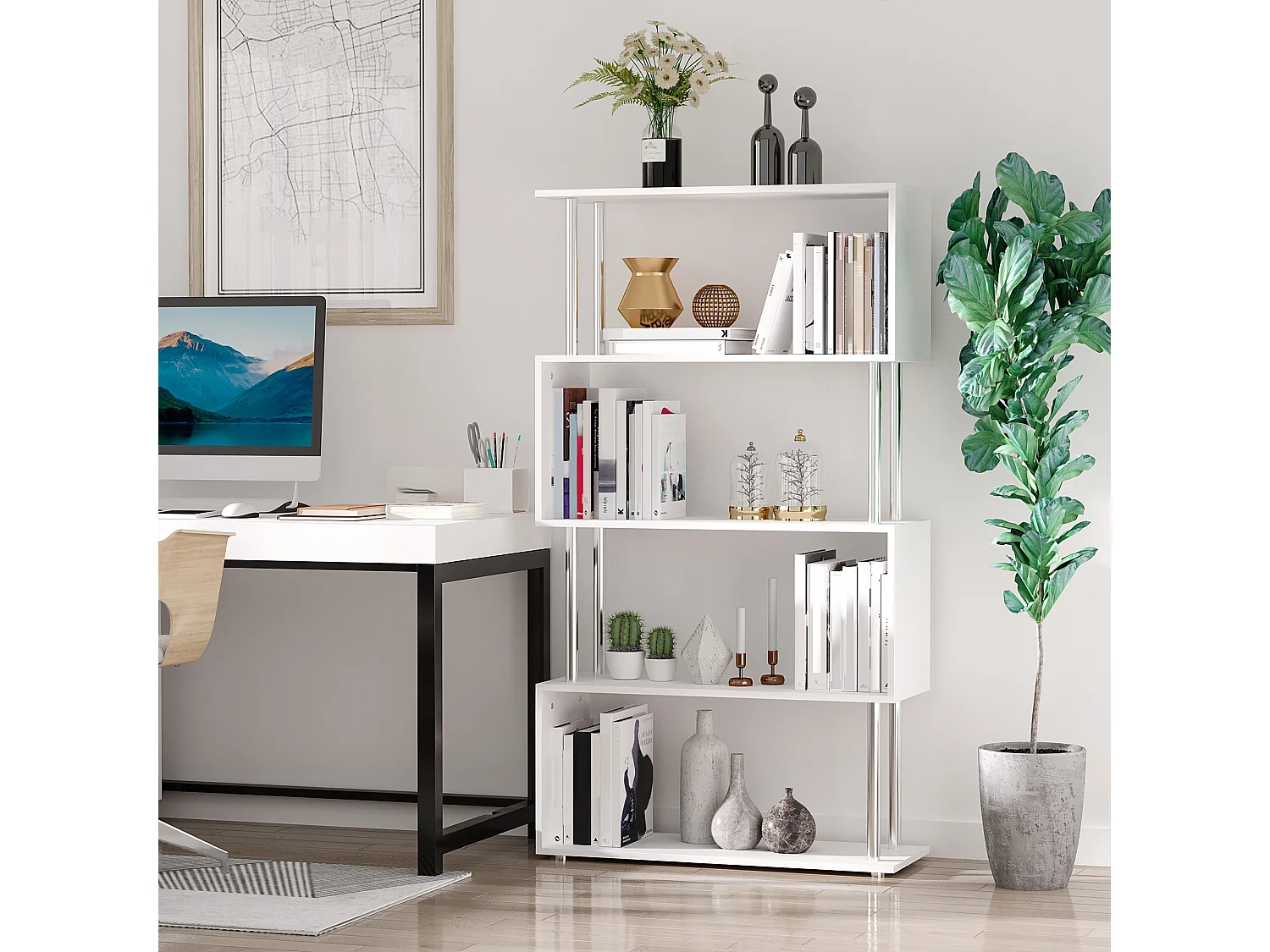 Bibliothèque étagère design contemporain en S 4 niveaux 80L x 30l x 145H cm coloris blanc