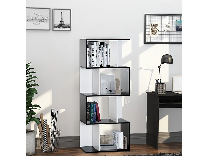 Bibliothèque étagère meuble de rangement design contemporain en S 4 étagères 60L x 24l x 148H cm noir blanc