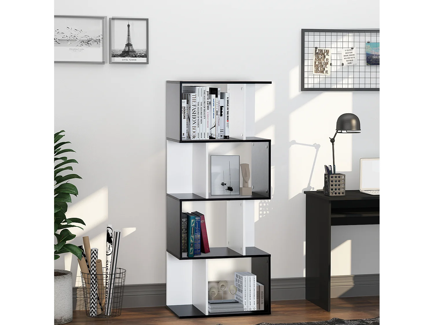 Bibliothèque étagère meuble de rangement design contemporain en S 4 étagères 60L x 24l x 148H cm noir blanc