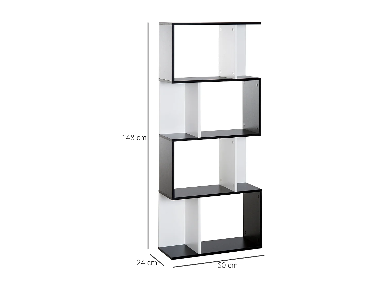 Bibliothèque étagère meuble de rangement design contemporain en S 4 étagères 60L x 24l x 148H cm noir blanc