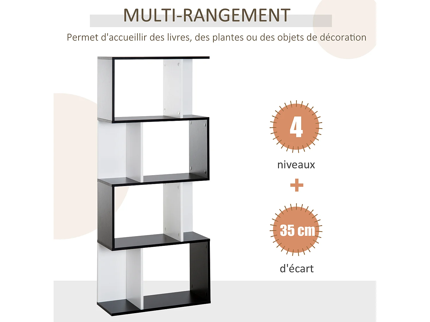 Bibliothèque étagère meuble de rangement design contemporain en S 4 étagères 60L x 24l x 148H cm noir blanc