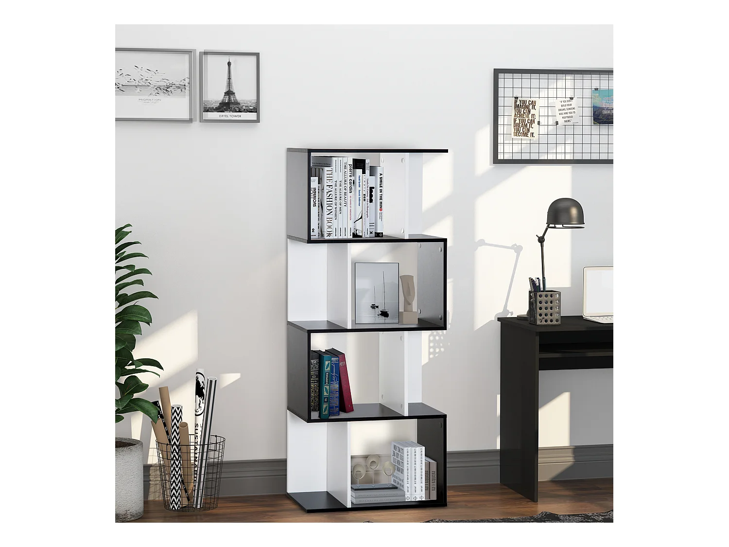 Bibliothèque étagère meuble de rangement design contemporain en S 4 étagères 60L x 24l x 148H cm noir blanc