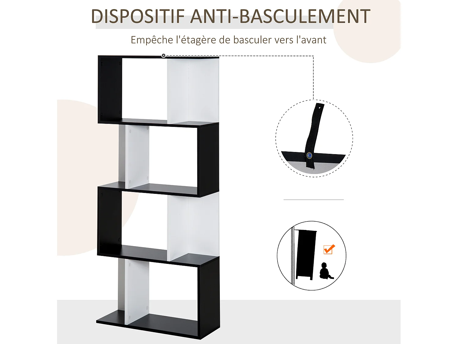 Bibliothèque étagère meuble de rangement design contemporain en S 4 étagères 60L x 24l x 148H cm noir blanc