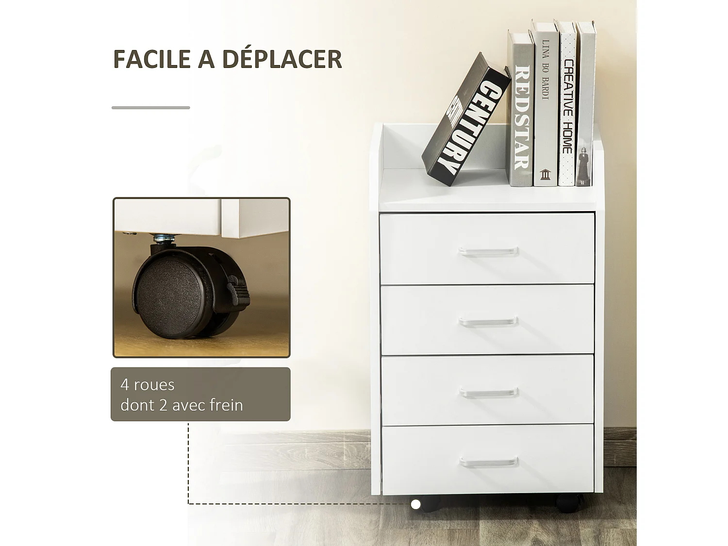 Vinsetto Caisson de bureau rangement bureau sur roulettes 4 tiroirs coulissants plateau à rebord MDF panneaux particules blanc
