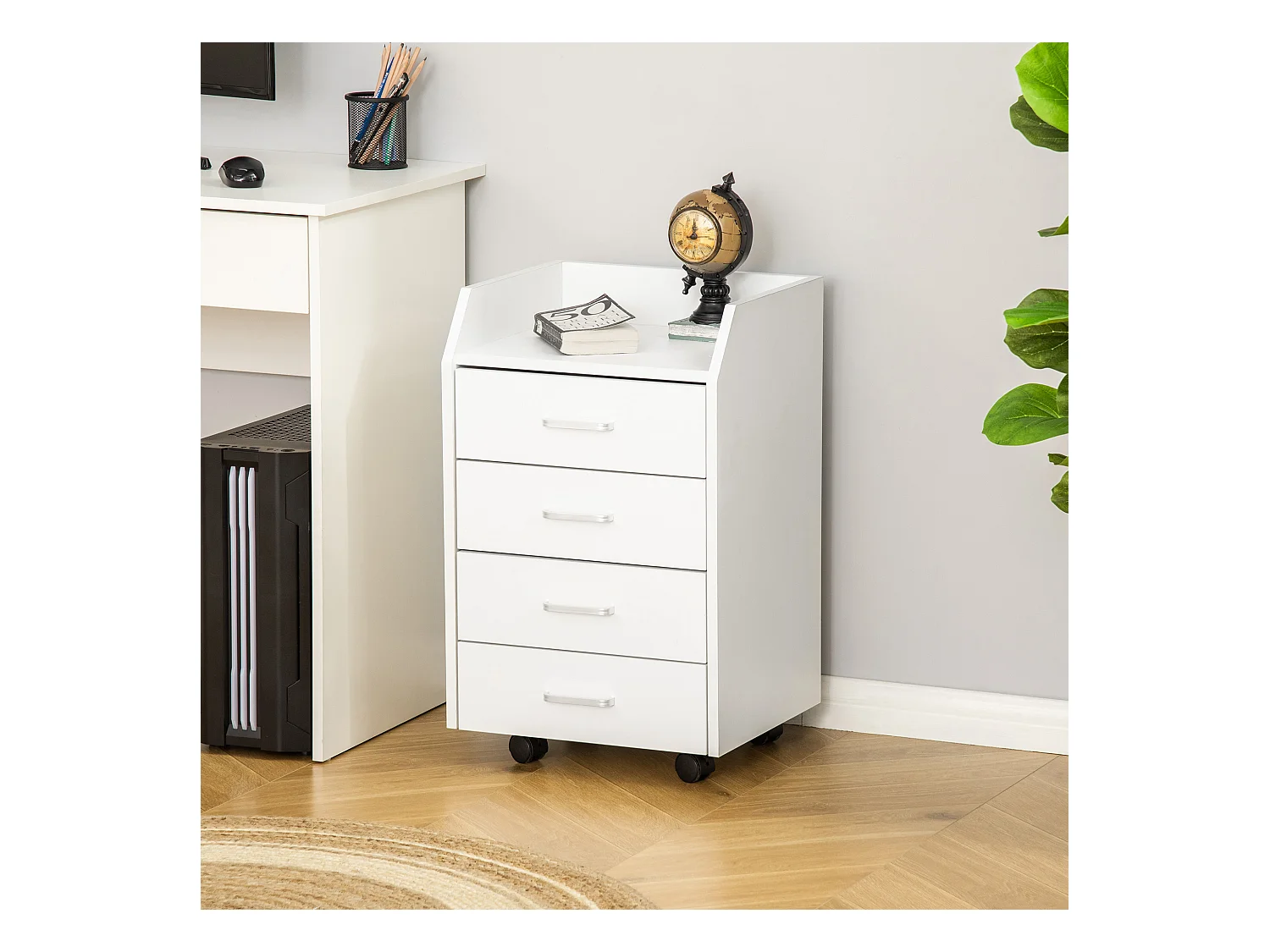 Vinsetto Caisson de bureau rangement bureau sur roulettes 4 tiroirs coulissants plateau à rebord MDF panneaux particules blanc