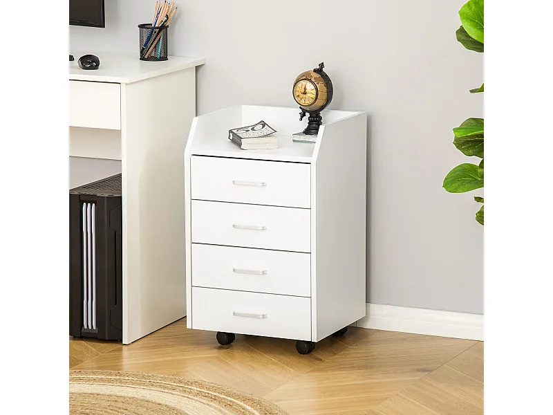 Vinsetto Caisson de bureau rangement bureau sur roulettes 4 tiroirs coulissants plateau à rebord MDF panneaux particules blanc