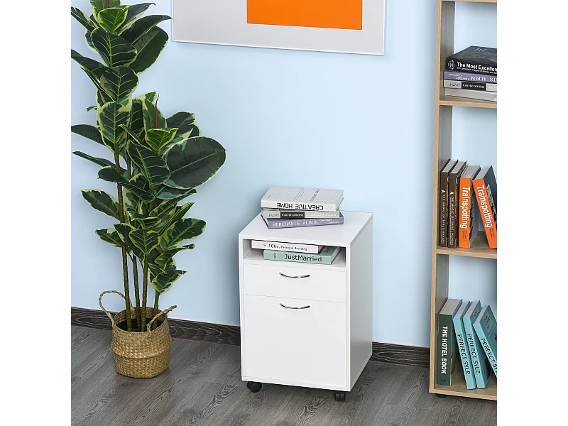 Caisson de bureau rangement bureau sur roulettes tiroir placard niche panneaux particules blanc