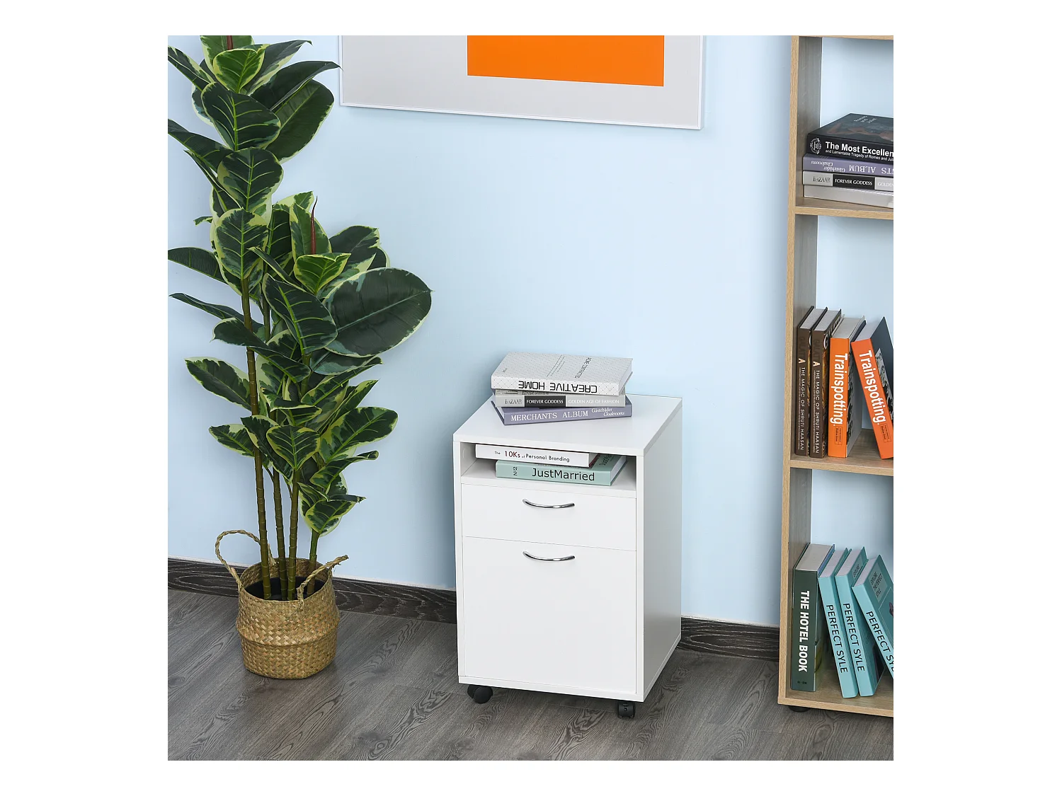 Caisson de bureau rangement bureau sur roulettes tiroir placard niche panneaux particules blanc
