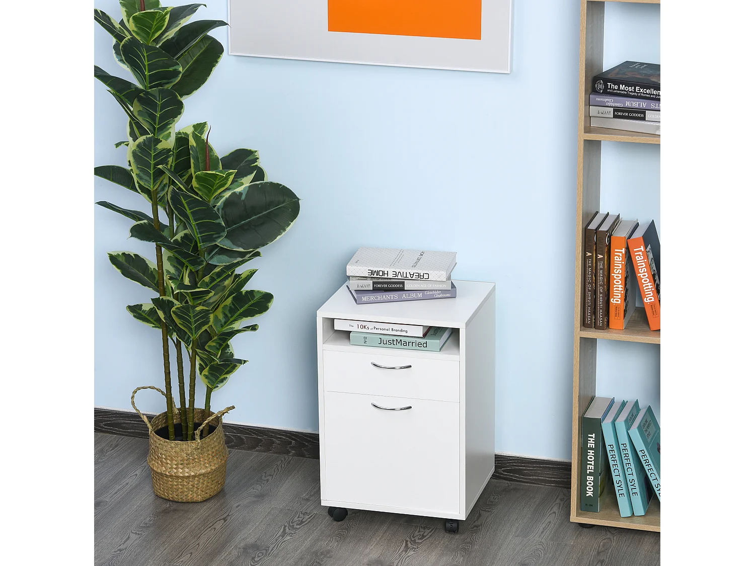 Caisson de bureau rangement bureau sur roulettes tiroir placard niche panneaux particules blanc