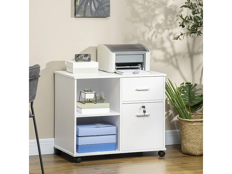 Support d'imprimante organiseur bureau caisson avec 2 tiroirs dont 1 verrouillable avec clé 2 niches grand plateau dim 80L x 40l x 66,5H cm blanc