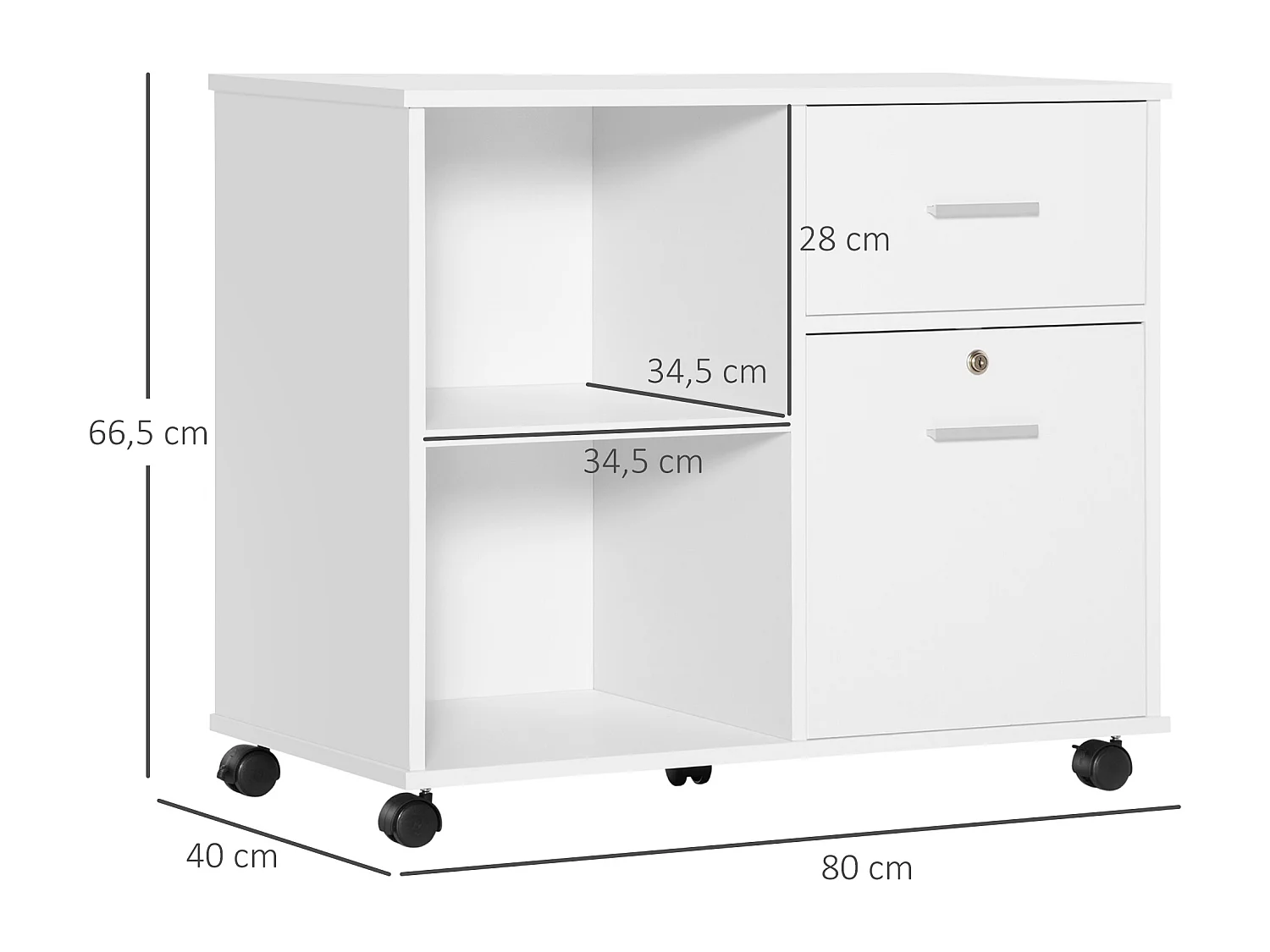 Support d'imprimante organiseur bureau caisson avec 2 tiroirs dont 1 verrouillable avec clé 2 niches grand plateau dim 80L x 40l x 66,5H cm blanc