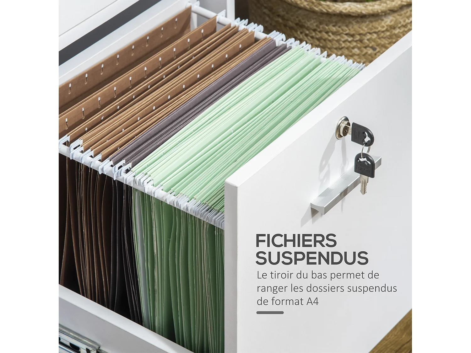 Support d'imprimante organiseur bureau caisson avec 2 tiroirs dont 1 verrouillable avec clé 2 niches grand plateau dim 80L x 40l x 66,5H cm blanc