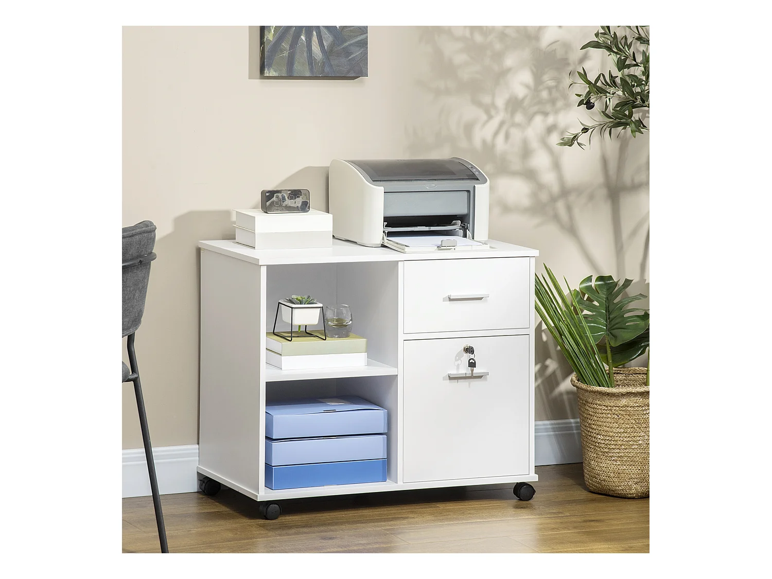 Support d'imprimante organiseur bureau caisson avec 2 tiroirs dont 1 verrouillable avec clé 2 niches grand plateau dim 80L x 40l x 66,5H cm blanc