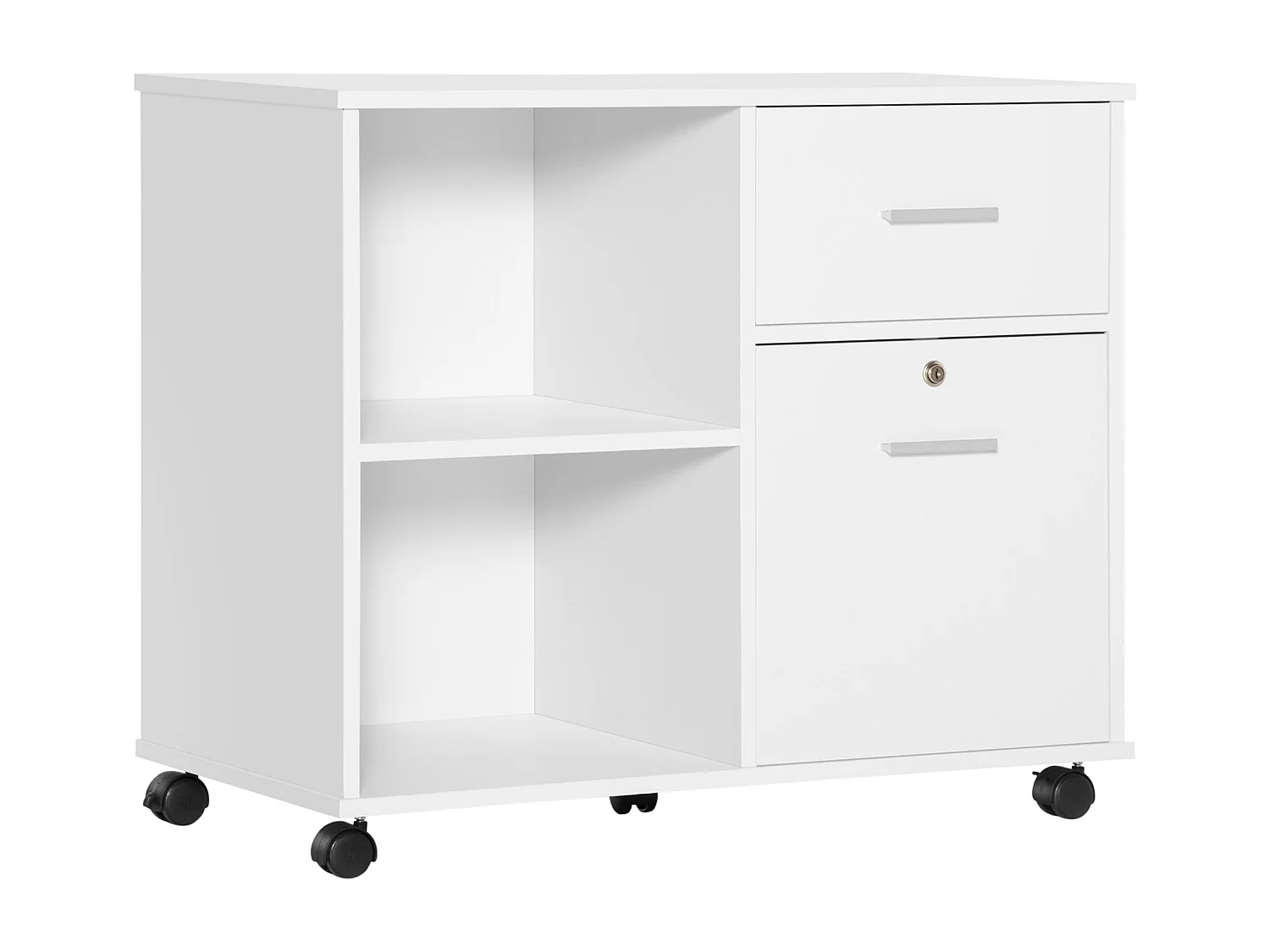 Support d'imprimante organiseur bureau caisson avec 2 tiroirs dont 1 verrouillable avec clé 2 niches grand plateau dim 80L x 40l x 66,5H cm blanc