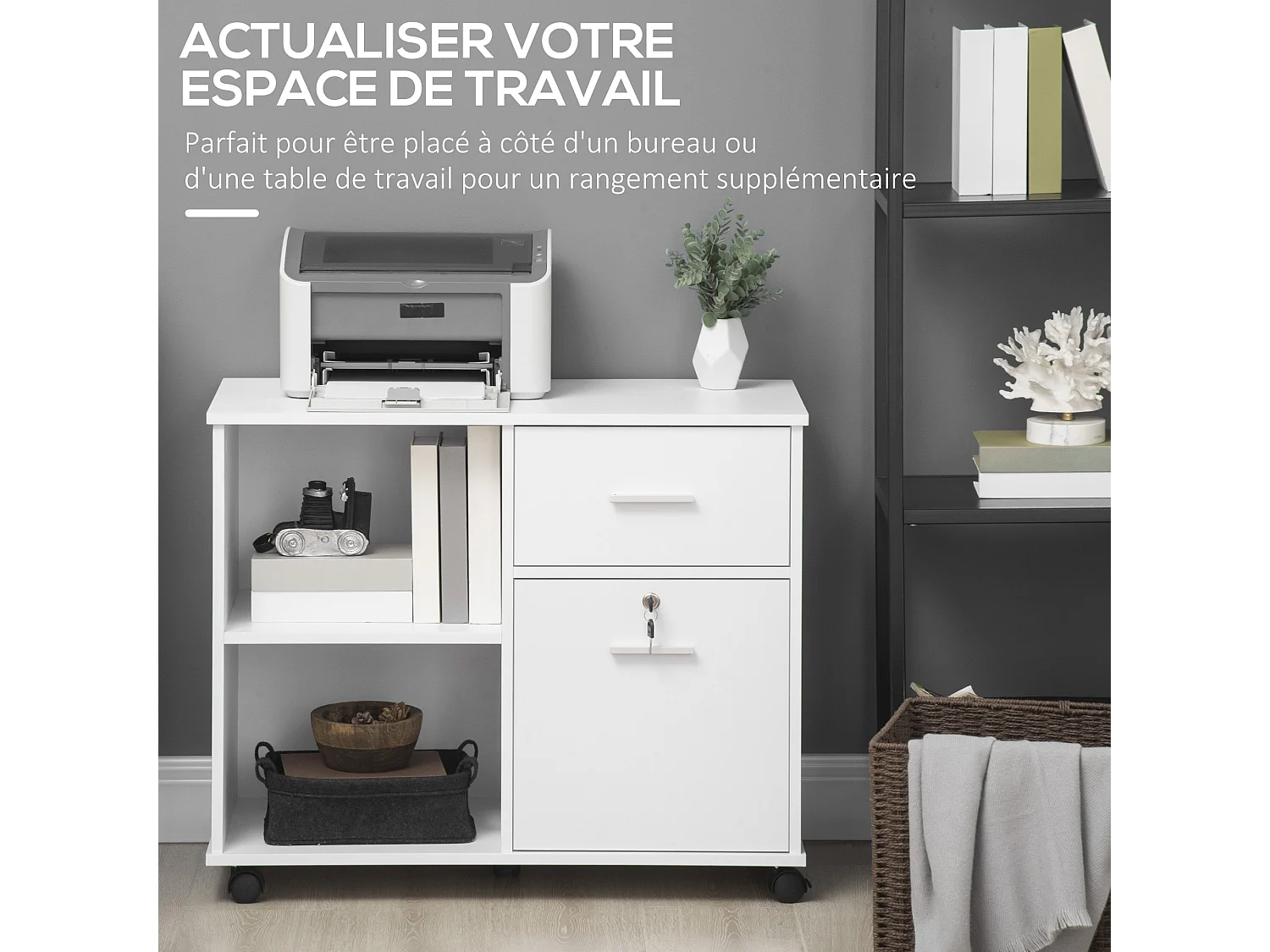 Support d'imprimante organiseur bureau caisson avec 2 tiroirs dont 1 verrouillable avec clé 2 niches grand plateau dim 80L x 40l x 66,5H cm blanc
