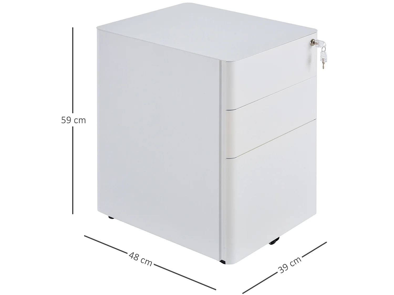 Caisson de bureau rangement bureau sur roulettes 3 tiroirs coulissants verrouillables trieur à dossiers dim. 39L x 48I x 59H cm acier blanc