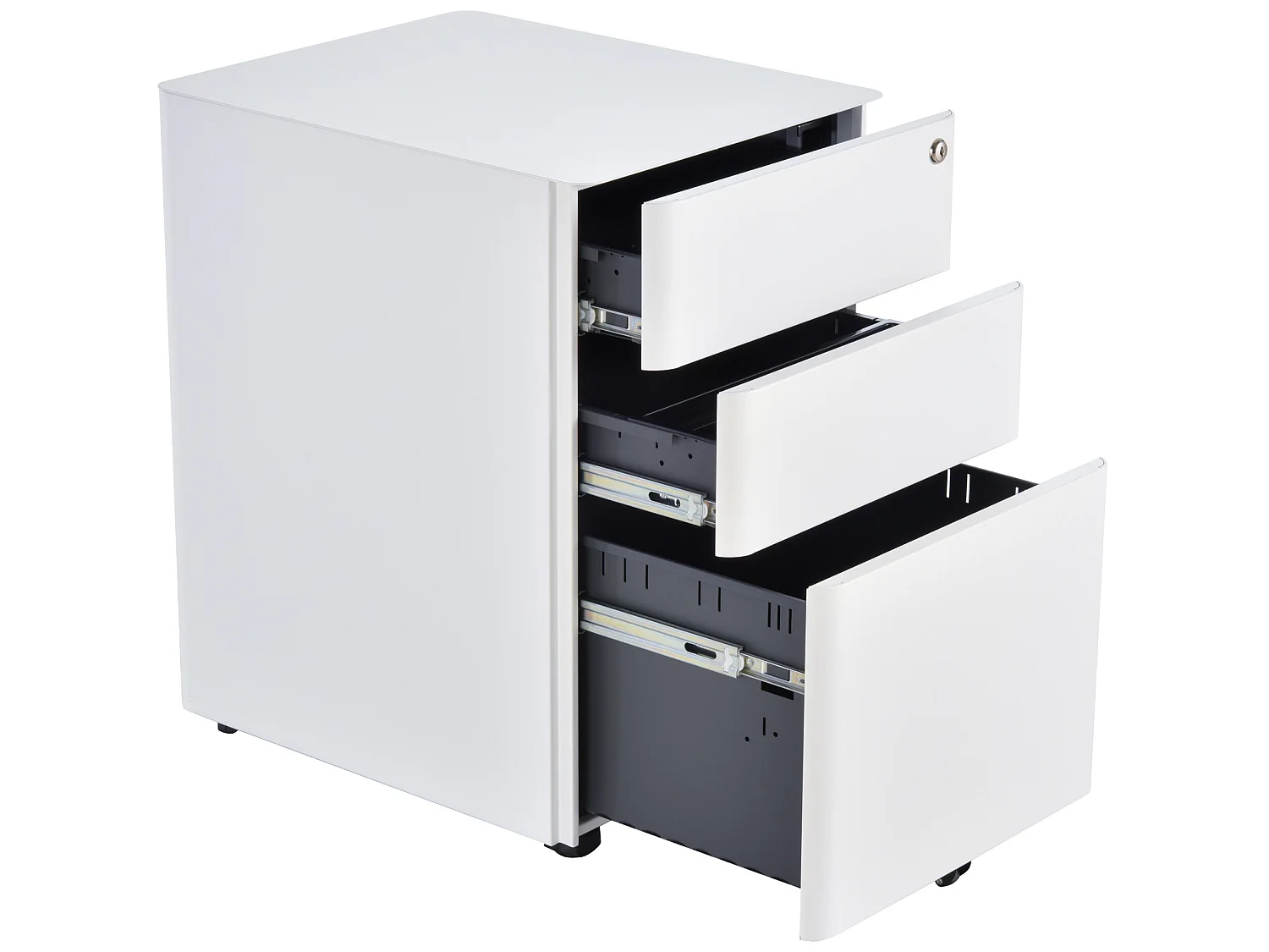 Caisson de bureau rangement bureau sur roulettes 3 tiroirs coulissants verrouillables trieur à dossiers dim. 39L x 48I x 59H cm acier blanc