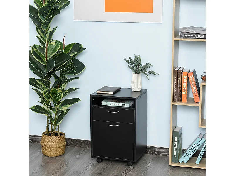 Caisson de bureau rangement bureau sur roulettes tiroir placard niche panneaux particules noir