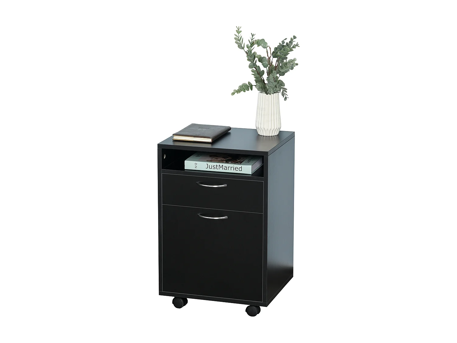 Caisson de bureau rangement bureau sur roulettes tiroir placard niche panneaux particules noir
