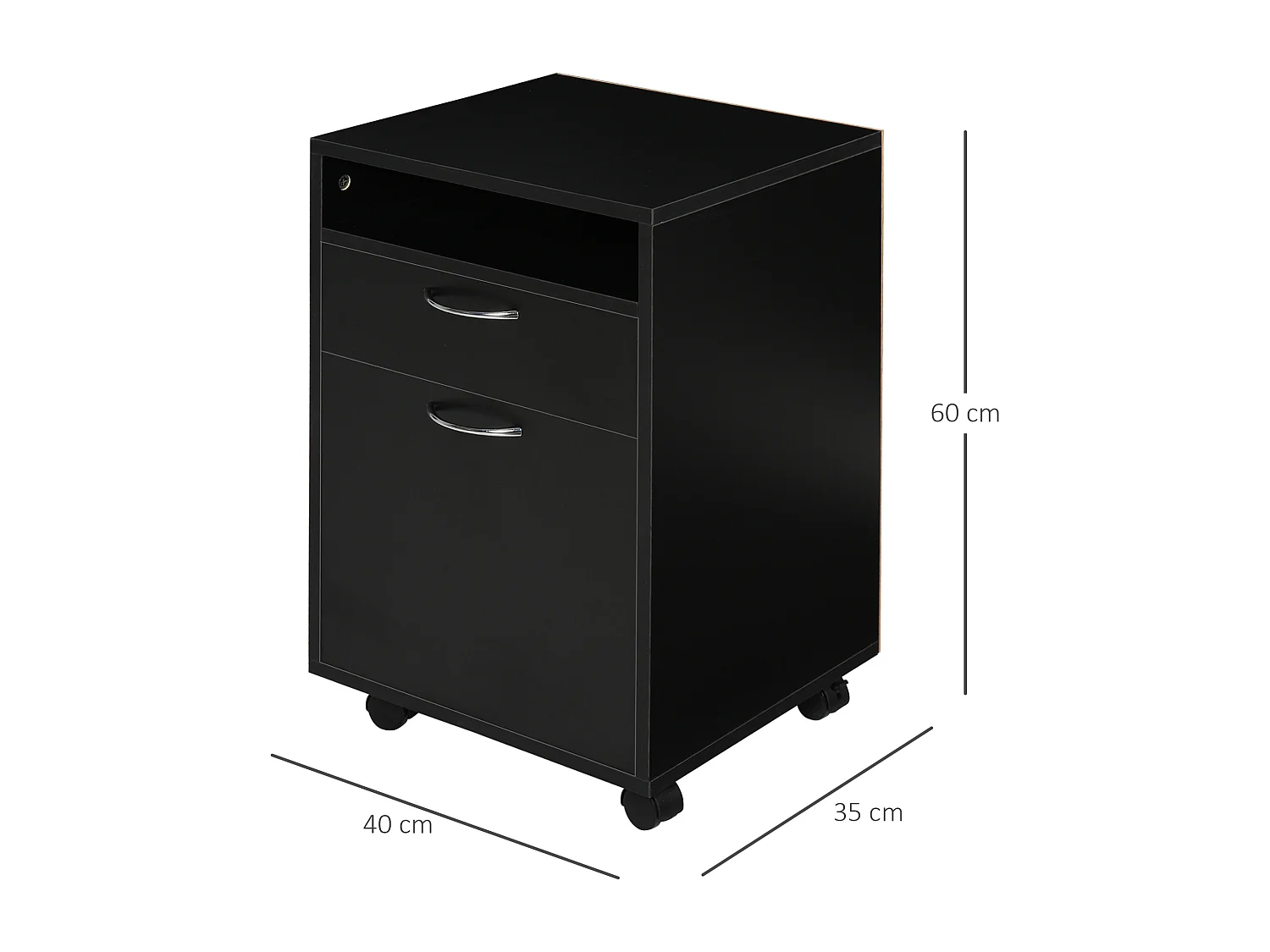 Caisson de bureau rangement bureau sur roulettes tiroir placard niche panneaux particules noir