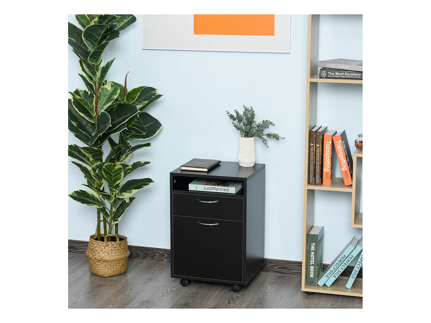 Caisson de bureau rangement bureau sur roulettes tiroir placard niche panneaux particules noir