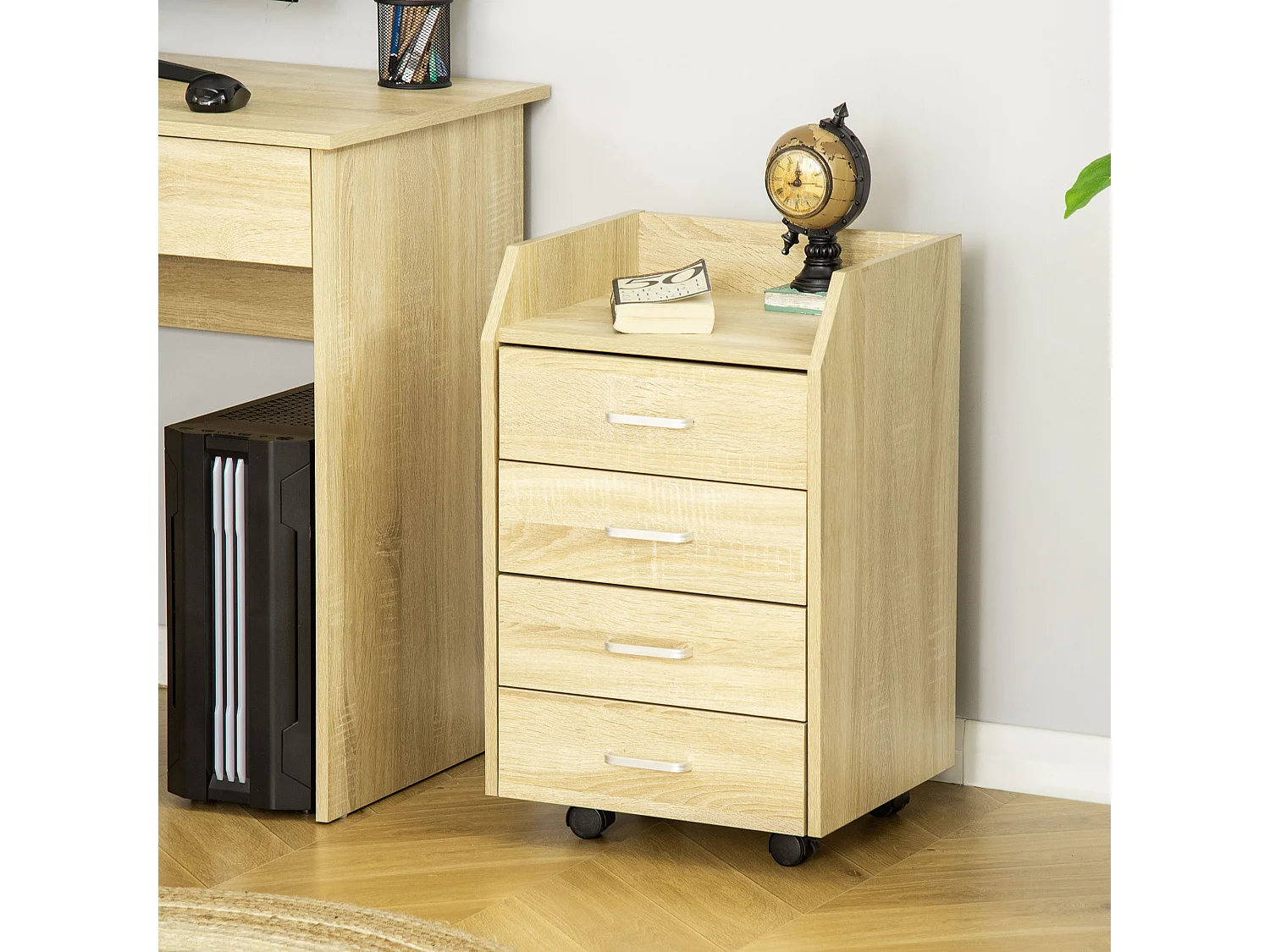 Vinsetto Caisson de bureau rangement bureau sur roulettes 4 tiroirs coulissants plateau à rebord MDF panneaux particules aspect chêne clair