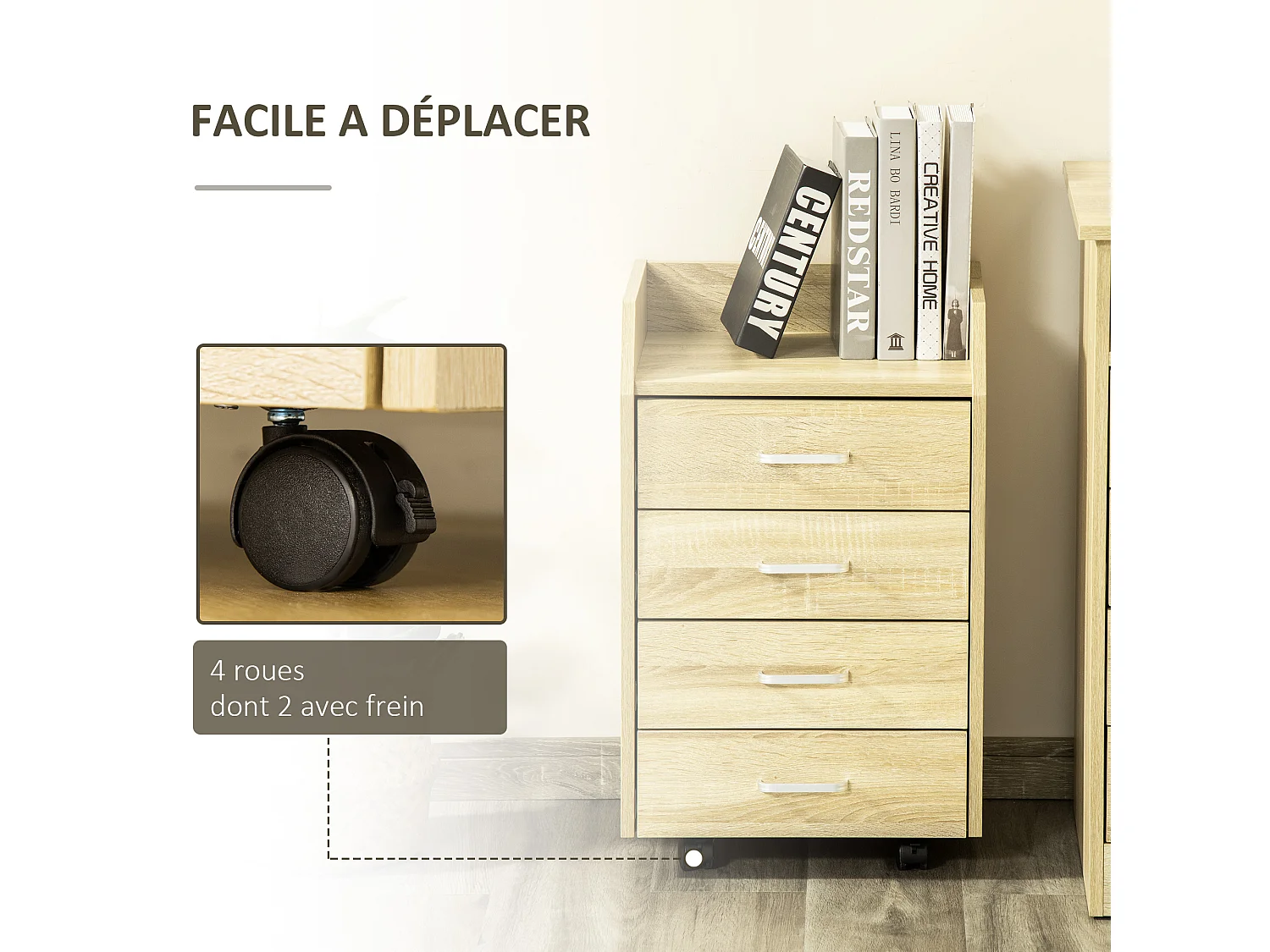 Vinsetto Caisson de bureau rangement bureau sur roulettes 4 tiroirs coulissants plateau à rebord MDF panneaux particules aspect chêne clair