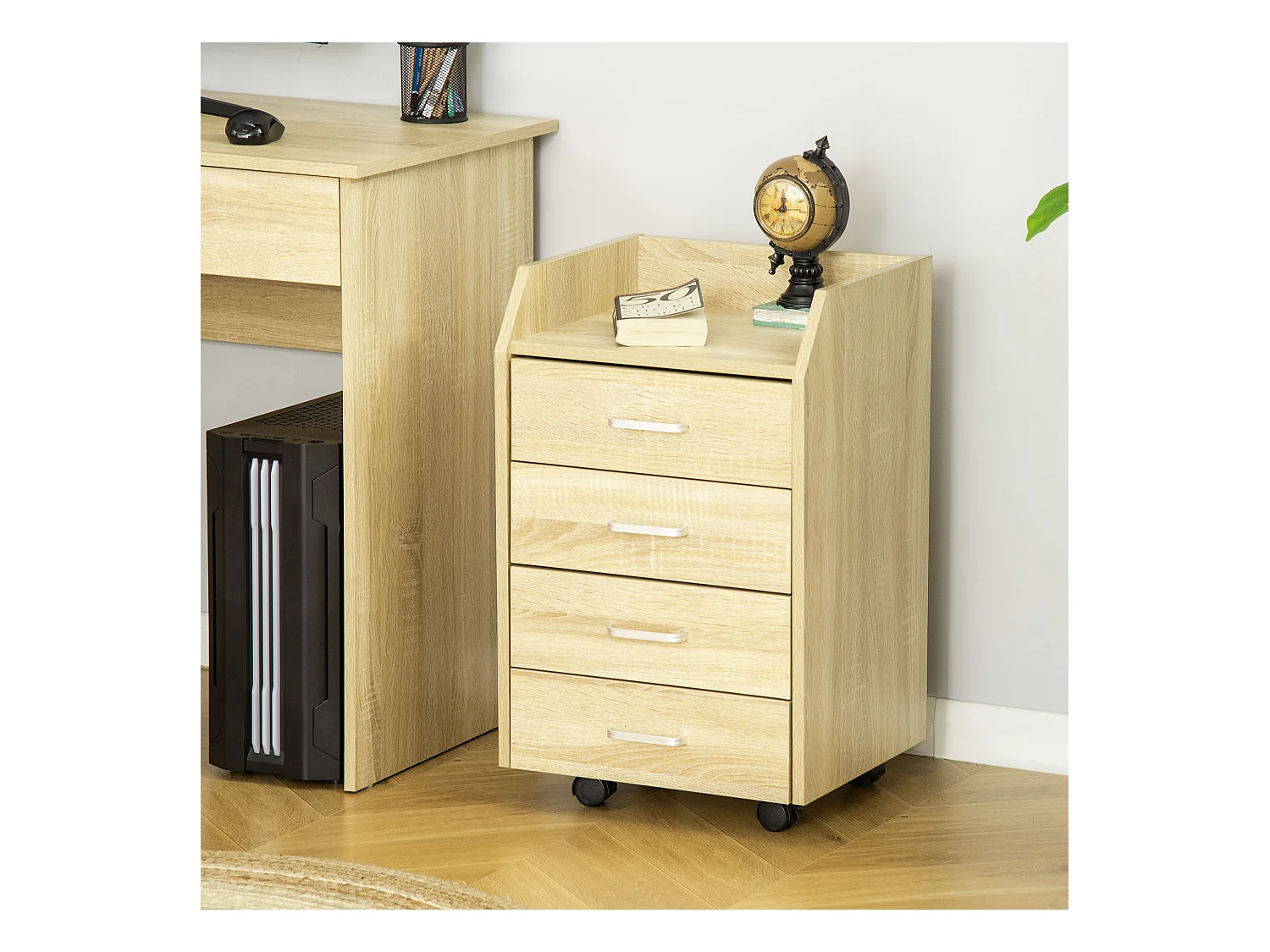 Vinsetto Caisson de bureau rangement bureau sur roulettes 4 tiroirs coulissants plateau à rebord MDF panneaux particules aspect chêne clair
