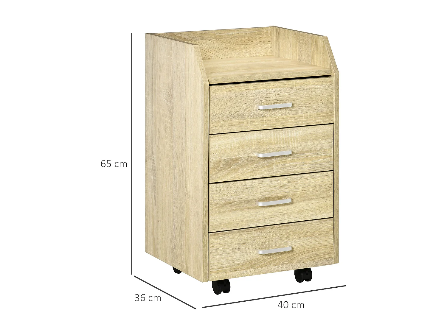 Vinsetto Caisson de bureau rangement bureau sur roulettes 4 tiroirs coulissants plateau à rebord MDF panneaux particules aspect chêne clair