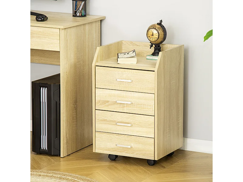 Vinsetto Caisson de bureau rangement bureau sur roulettes 4 tiroirs coulissants plateau à rebord MDF panneaux particules aspect chêne clair