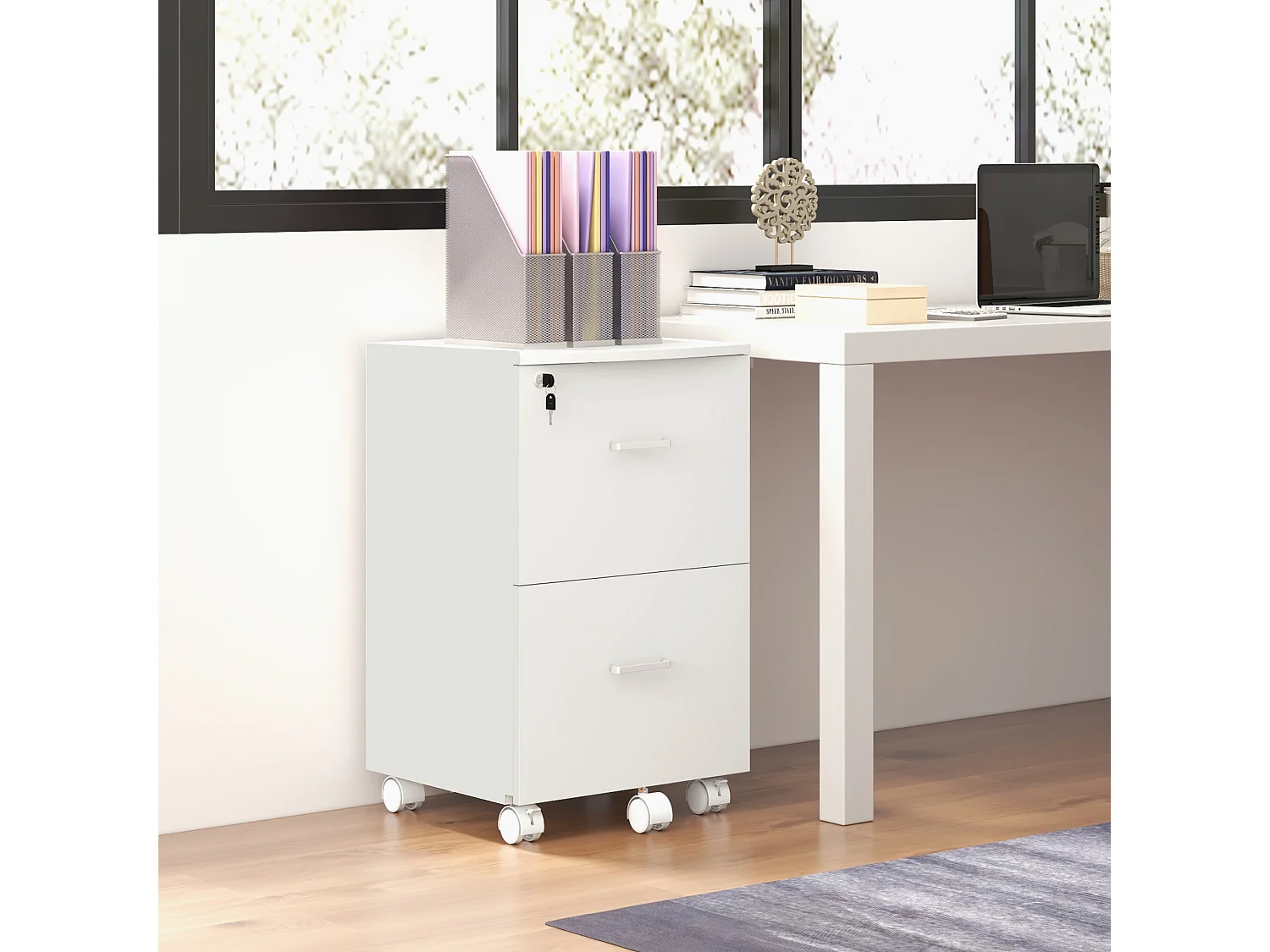 Vinsetto Caisson de bureau rangement bureau sur roulettes 2 tiroirs verrouillables 2 clés fournies MDF panneaux particules blanc
