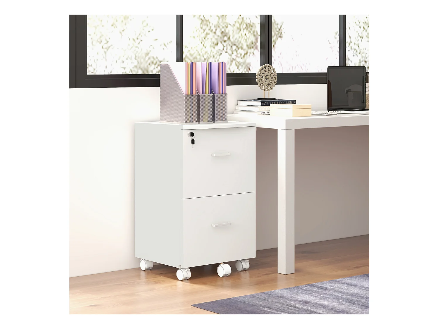 Vinsetto Caisson de bureau rangement bureau sur roulettes 2 tiroirs verrouillables 2 clés fournies MDF panneaux particules blanc